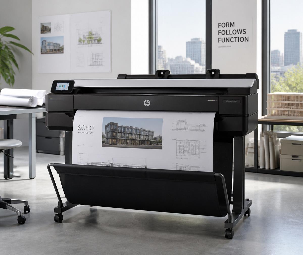 HP DesignJet wide format plotter printing architectural drawings in an Austin, TX design studio