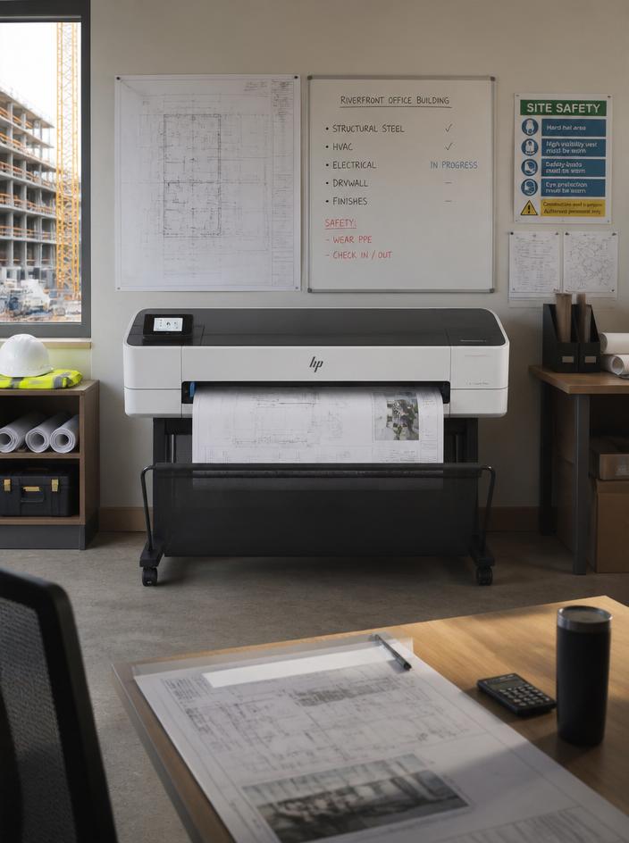HP DesignJet T-series wide format plotter printing blueprints in a construction site office
